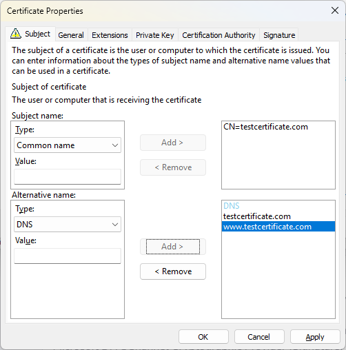 Certificate Properties Dialog